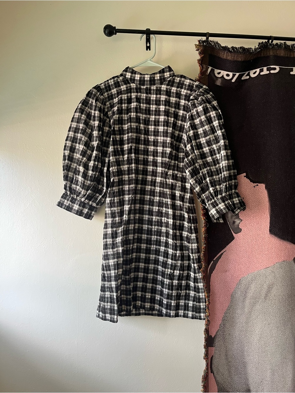 Ganni Black & White Plaid Puff-Sleeve Mini Dress